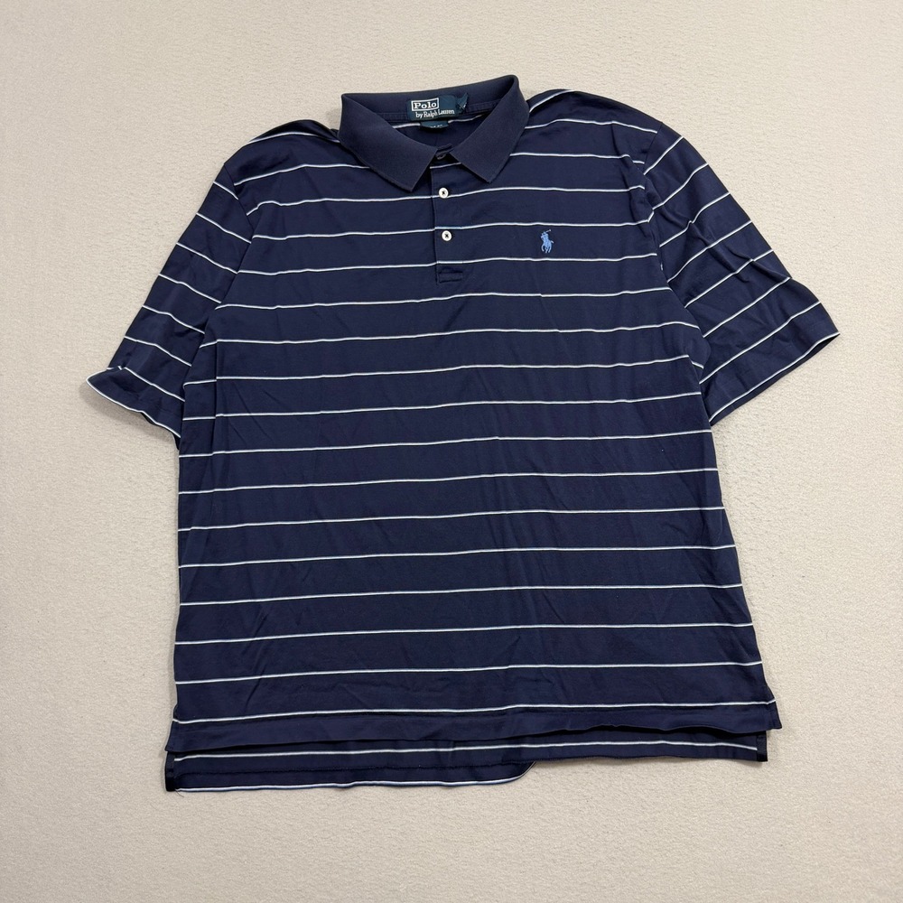 Polo Ralph Lauren Polo Shirt XL Navy Blue Golf Fit Pima Cotton Striped Vintage